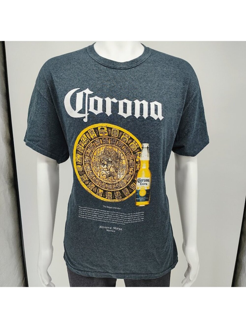 Corona Extra Riviera Maya Mexico Mayan Calendar Gray Graphic T-Shirt (L/XL)